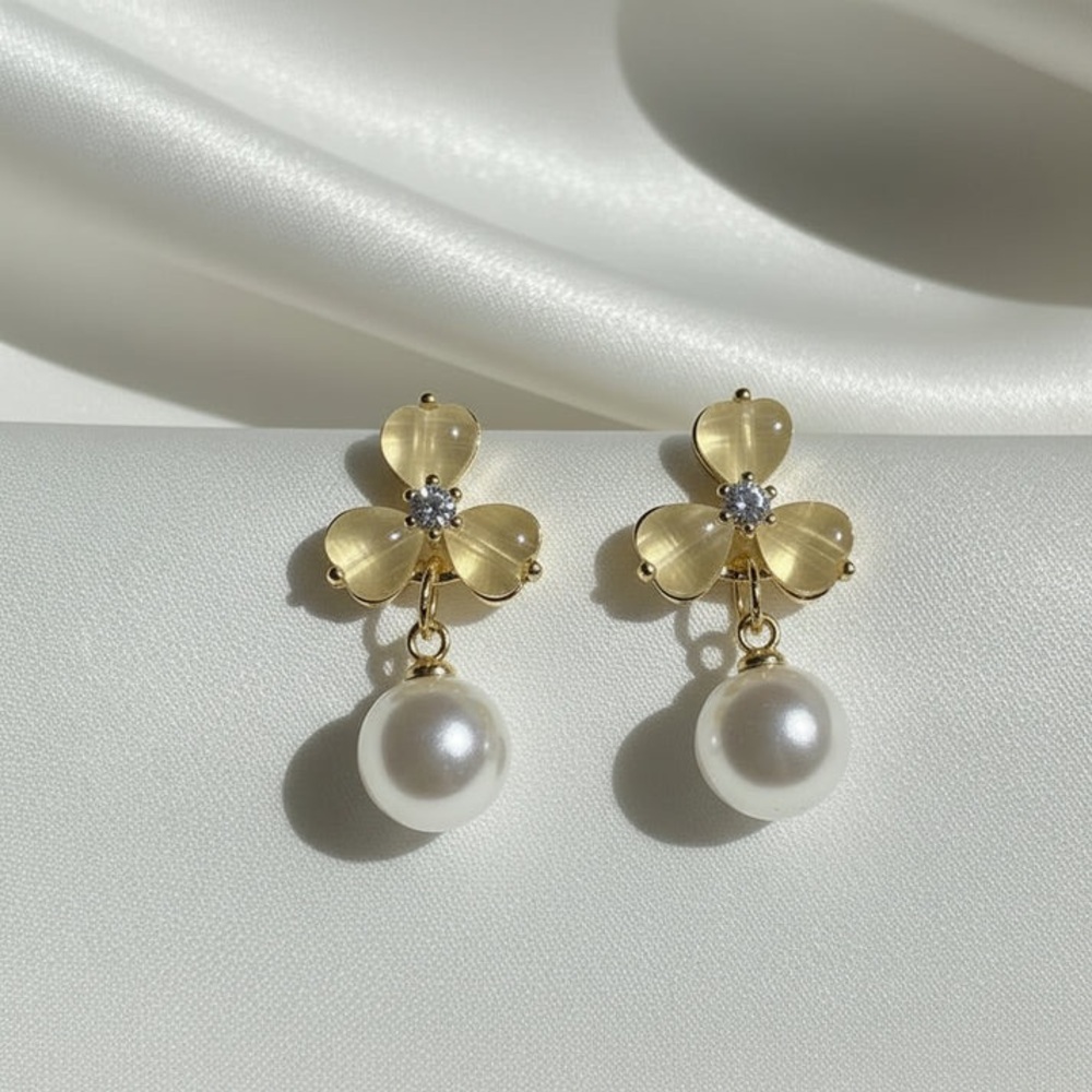 Gold Floral Pearl Drop Earrings